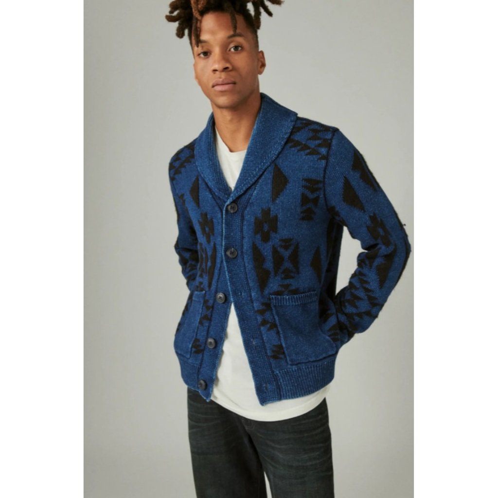 Lucky Brand X Yellowstone Print Shawl Collar Cardigan Wool Blend 419 Indigo Sz L